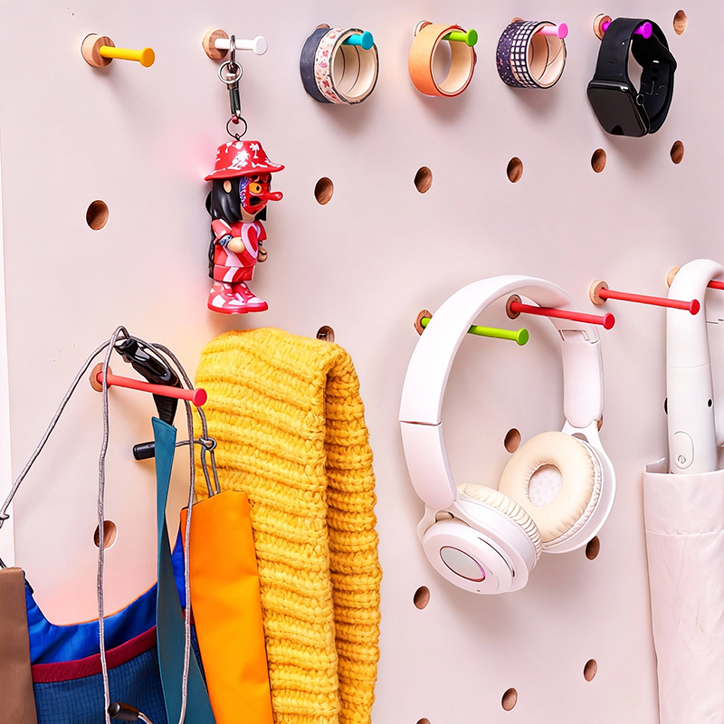 Hot Sale Dopamine Color Bamboo Wood Carbon Steel Petg Hooks for DIY Wall Organizer-6pcs Set Modular Storage Durable Lightweight No Tools