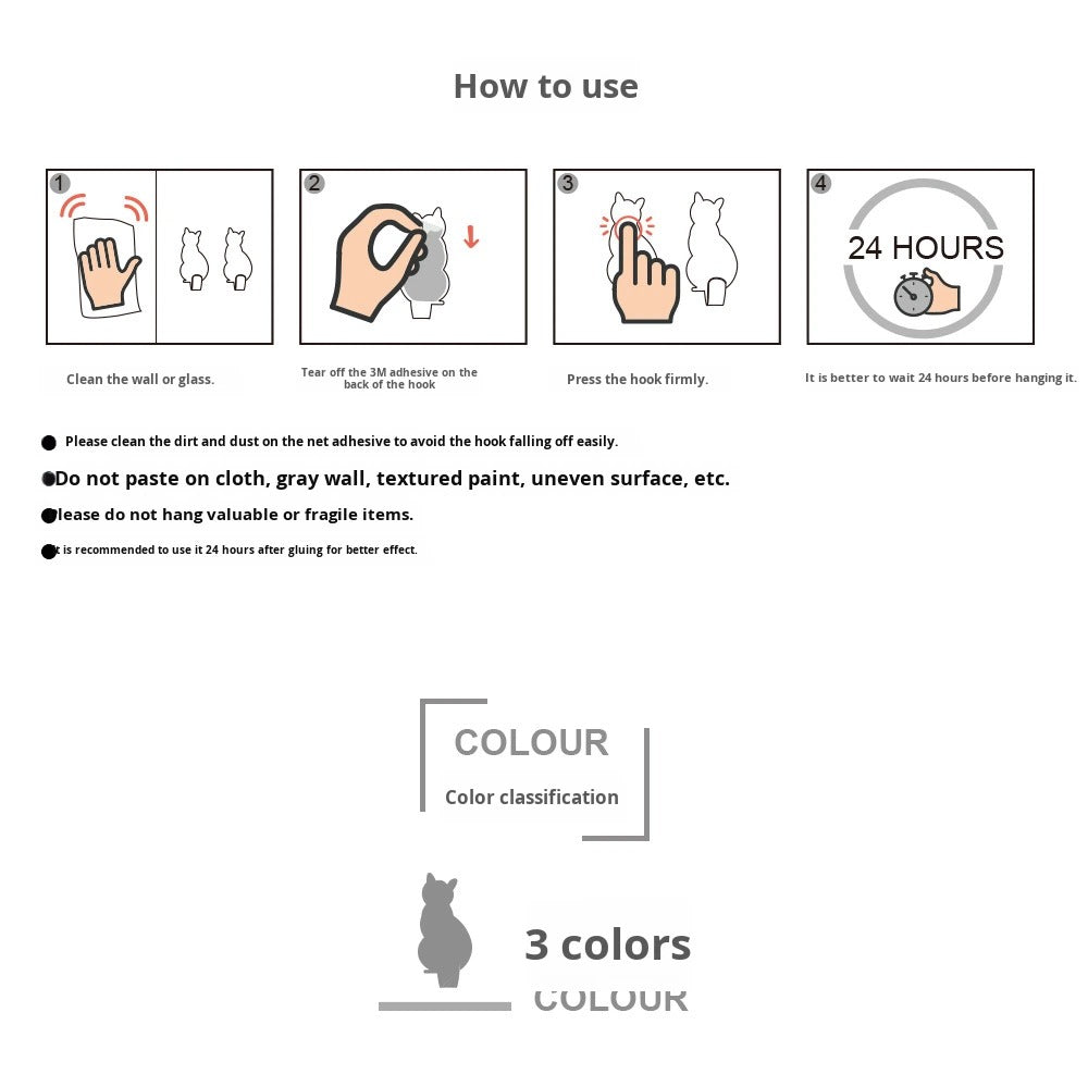 Creative Practical Cartoon Cat 3-Piece Adhesive Stainless Steel Hooks Modern Design Home Decoration