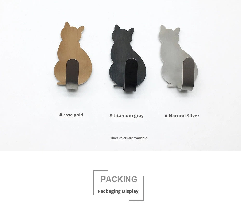 Creative Practical Cartoon Cat 3-Piece Adhesive Stainless Steel Hooks Modern Design Home Decoration