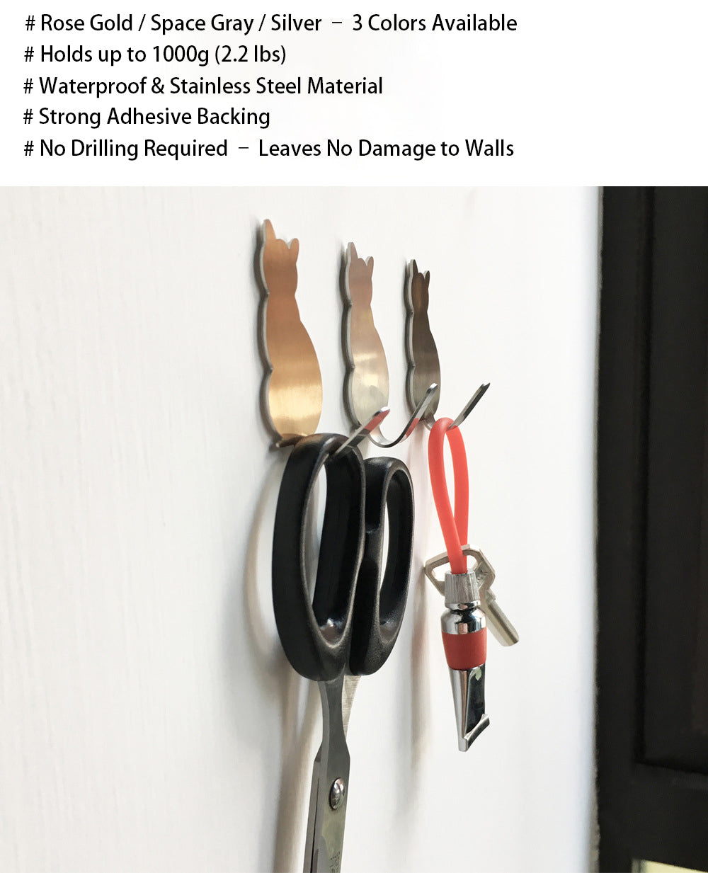 Creative Practical Cartoon Cat 3-Piece Adhesive Stainless Steel Hooks Modern Design Home Decoration