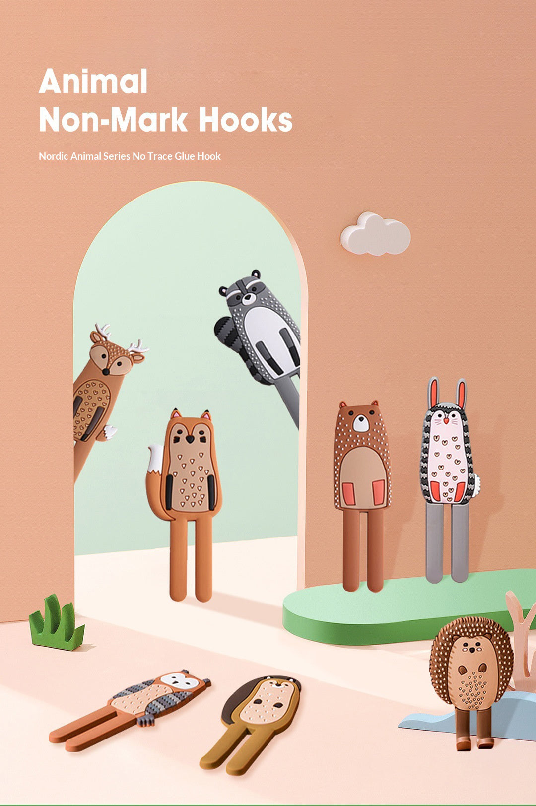 Cute Animal Magnetic Stickers-Nordic Design Strong Hold for Kitchen Bathroom & Office (Bear Fox Hedgehog Owl)