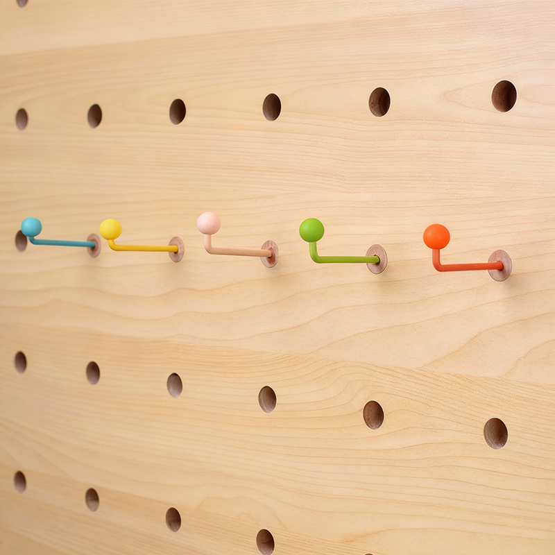 Wooden L Shape Hook Set for Pegboard - 6pcs 12 Colors DIY Wall Storage Organizer with Silicone Tips